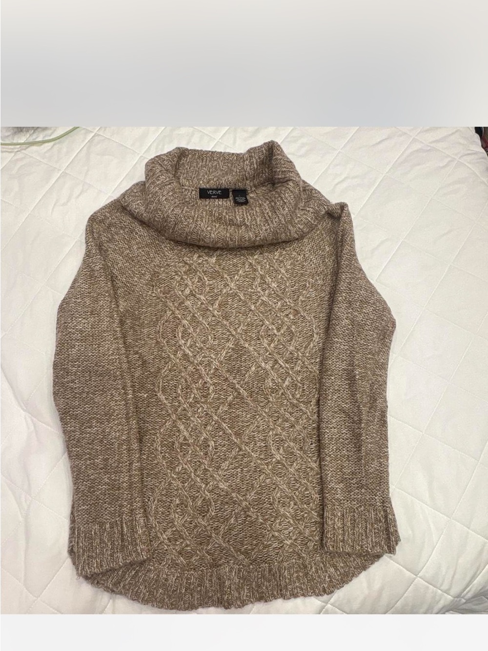 Brown Cable-Knit Cowl Neck Sweater